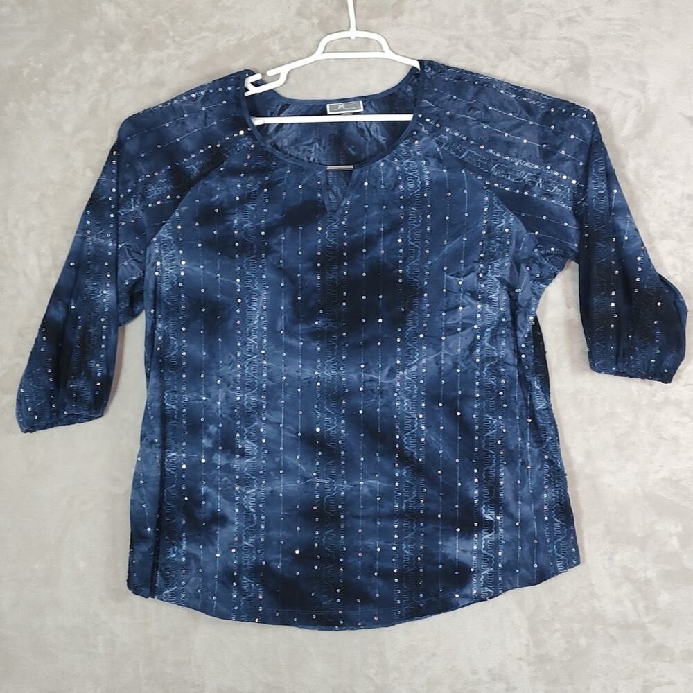 JM Collection Woman's Plus Size 3X Top 3/4 Sleeve Pullover Tye-Dye Blue Sequins